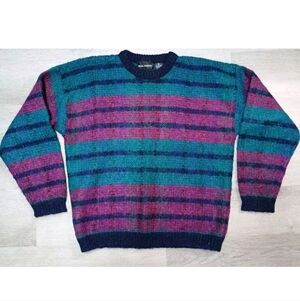 Vintage Paul Harris Wool Mohair Blend Teal Pink Stripe Sweater Size M